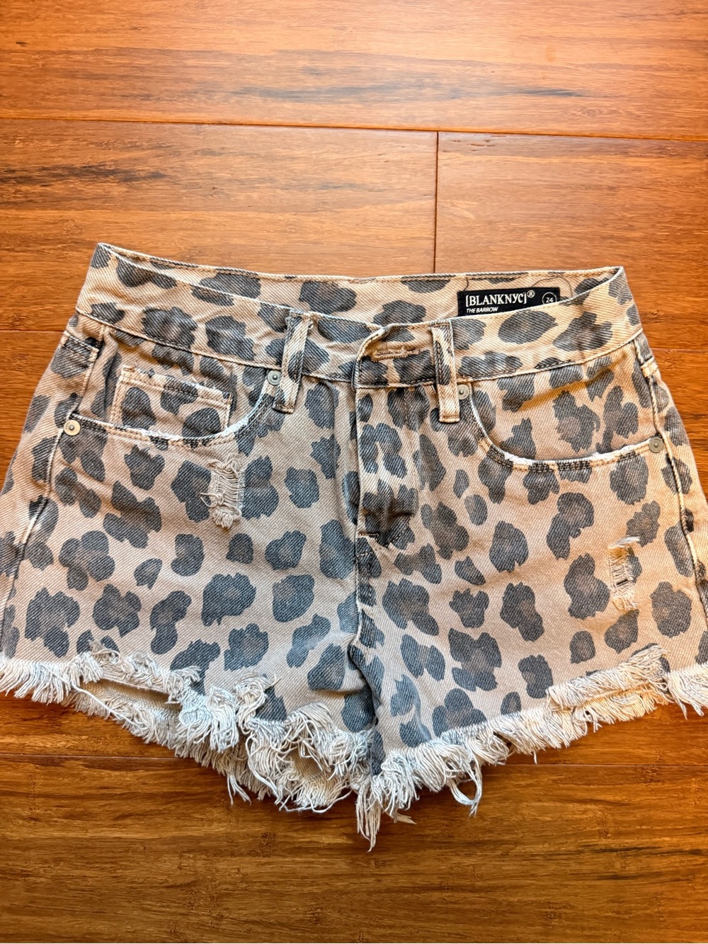 Blank NYC Gray Leopard Distressed Denim Shorts